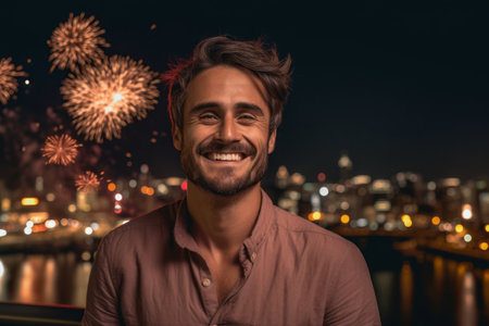 Portrait of a handsome young man with fireworks in the background.の素材