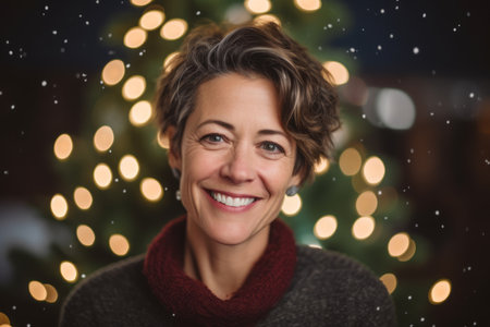 Portrait of smiling middle aged woman with christmas tree in backgroundの素材