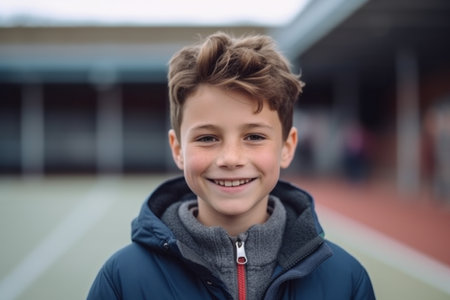 Portrait of smiling boy standing on sports ground in stadium at schoolの素材