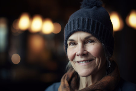 Portrait of smiling mature woman in winter hat and scarf at cafeの素材