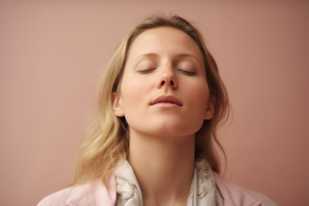 Portrait of a beautiful young woman with closed eyes on a pink backgroundの素材