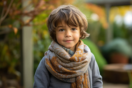 Portrait of a cute little boy wearing scarf in the park.の素材