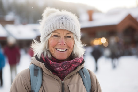 Portrait of smiling mature woman in winter clothes on the background of snowy streetの素材