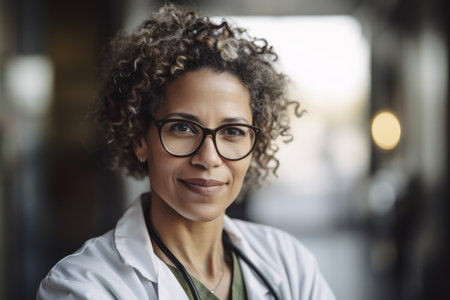 Portrait of a smiling female doctor in eyeglasses with curly hairの素材