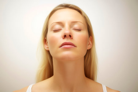 Portrait of a beautiful young woman with closed eyes on a white backgroundの素材