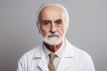 portrait of senior doctor in white coat looking at camera isolated on grayの素材