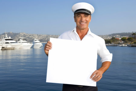 Smiling sailor holding a blank sheet of paper on the sea backgroundの素材