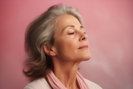 Portrait of beautiful senior woman on color background. Space for textの素材