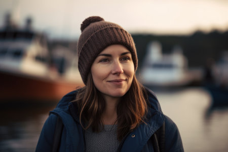Portrait of a beautiful young woman in a knitted hat standing on the pierの素材