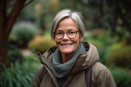 Portrait of a smiling senior woman standing in the garden in autumnの素材