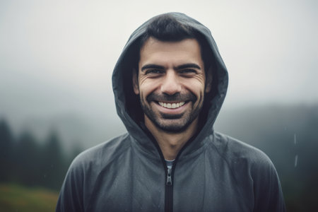 Portrait of a smiling man in a sweatshirt standing in the rainの素材