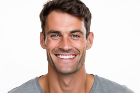 Portrait of a handsome man smiling at camera over white background.の素材