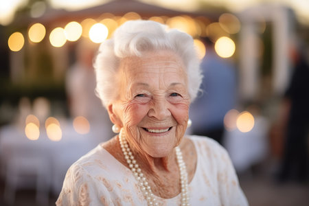 Portrait of a smiling senior woman in a restaurant at sunset.の素材