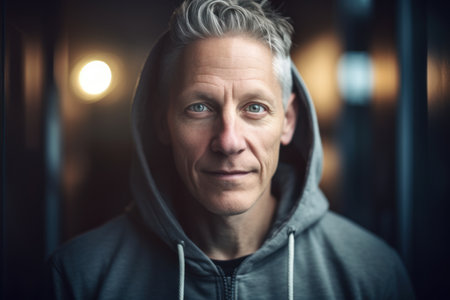 Portrait of a handsome middle-aged man in a gray sweatshirtの素材