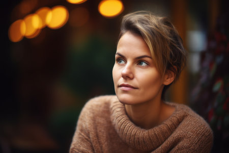 Close up portrait of a beautiful young woman in brown sweater, outdoorsの素材