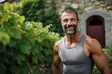 Portrait of a smiling mature man standing in the vineyard.の素材