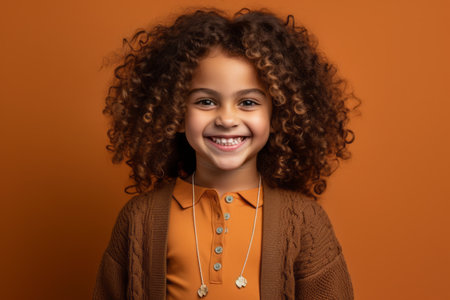 Portrait of smiling african american little girl on orange backgroundの素材