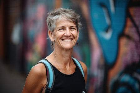 Portrait of smiling senior woman in sportswear against graffiti wallの素材