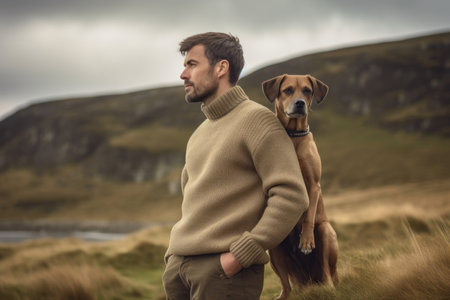 A young man with a dog in the Scottish Highlands, UK.の素材