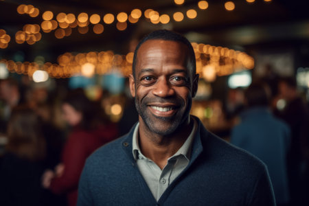 Portrait of smiling african american man at bar counter in pubの素材