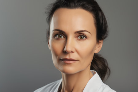 Portrait of beautiful woman in white blouse, isolated on grayの素材