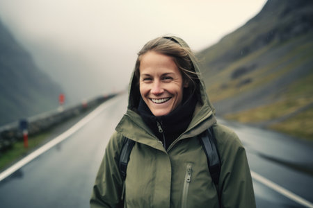 Portrait of a smiling woman standing on the road in the mountainsの素材