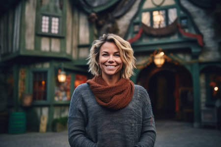 Portrait of a smiling woman in a sweater and scarf in the cityの素材