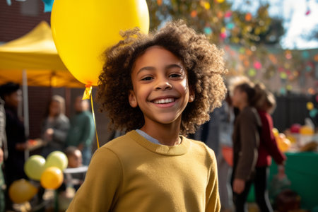 Portrait of smiling african american girl holding balloons at birthday partyの素材