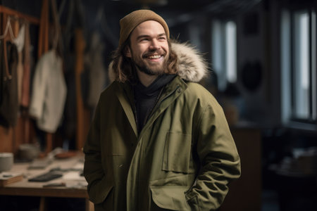 portrait of smiling young man in winter coat and hat standing in cafeの素材
