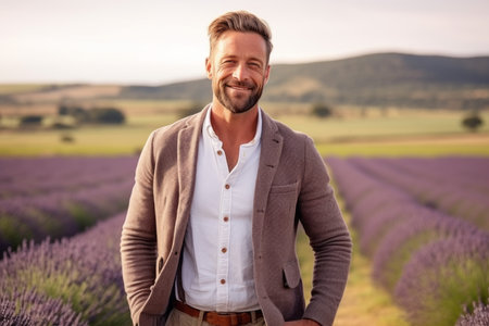 Portrait of a handsome man standing in lavender field and smiling at cameraの素材