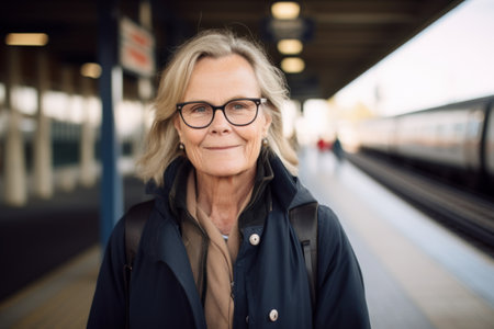Portrait of happy senior woman standing at railway station platform and looking at cameraの素材