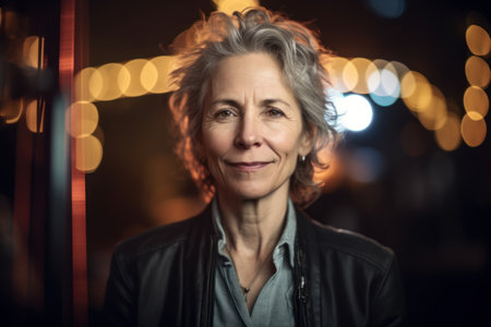 Portrait of a middle-aged woman with gray hair in a night cityの素材