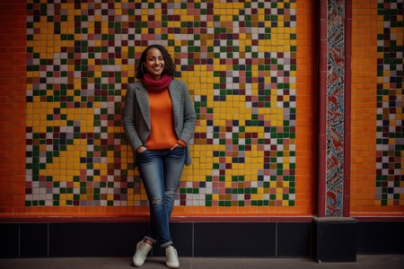 Young african american woman in sweater, scarf and glasses against colorful mosaic wall.の素材