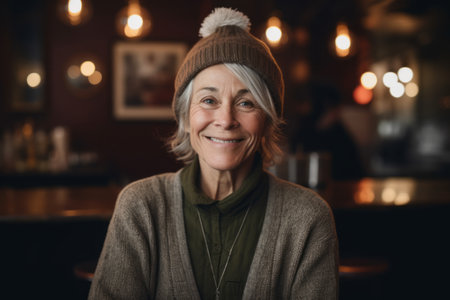 Portrait of smiling senior woman in warm hat looking at camera in cafeの素材