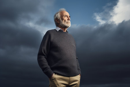 Portrait of a senior man standing against stormy sky with cloudsの素材
