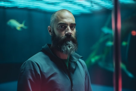 Portrait of a bearded man in a dark room with a large aquariumの素材