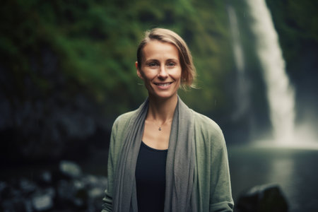 Portrait of a beautiful young woman in front of a waterfall.の素材