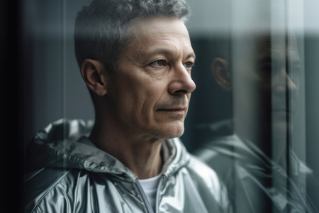 Portrait of a senior man standing in front of a window.の素材