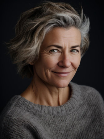 Portrait of a beautiful middle-aged woman with short gray hairの素材