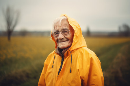 Elderly woman in a yellow raincoat on the background of nature.の素材