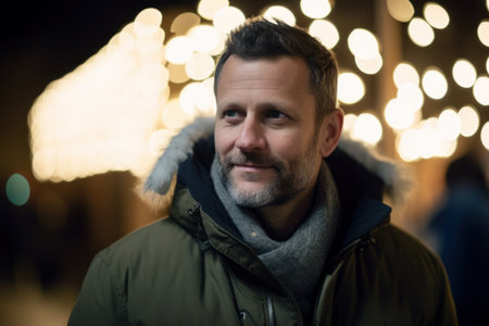 Portrait of a handsome middle-aged man in winter clothes on the street at nightの素材