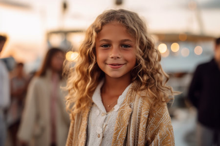 Portrait of cute little girl with curly hair looking at camera while standing outdoorsの素材