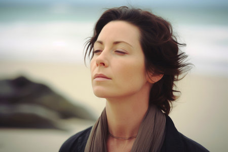 Portrait of a beautiful young woman on the beach. Soft focus.の素材