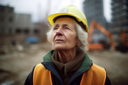 Portrait of an elderly woman in a hardhat on a construction siteの素材