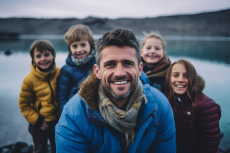 Portrait of happy family with kids standing at the lake in winterの素材