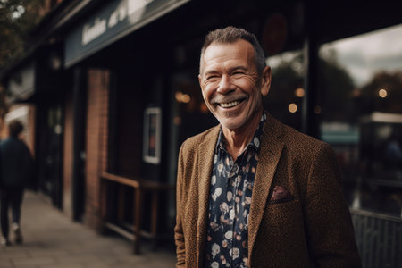 Portrait of a smiling senior man in a coat standing in a city street.の素材