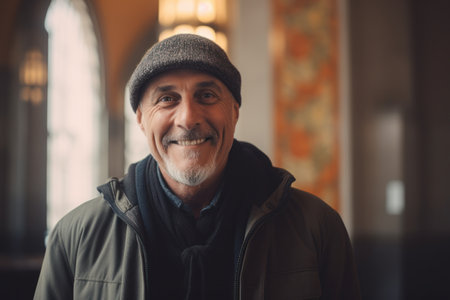 Portrait of smiling senior man with hat looking at camera in churchの素材