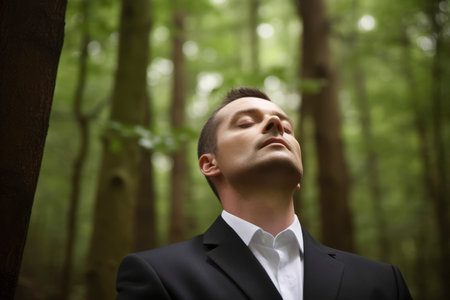 Young man in a black suit and white shirt in a green forestの素材