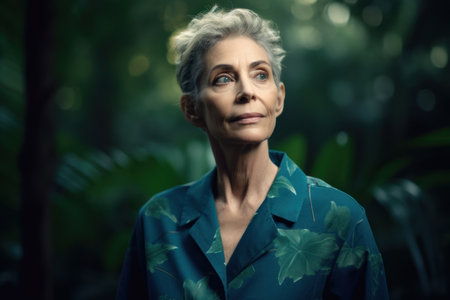 Portrait of a beautiful senior woman with gray hair and green eyes.の素材