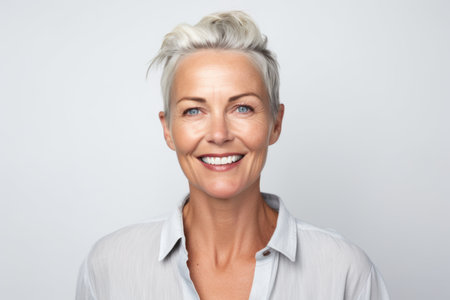 Portrait of smiling middle-aged woman with short hair against white backgroundの素材